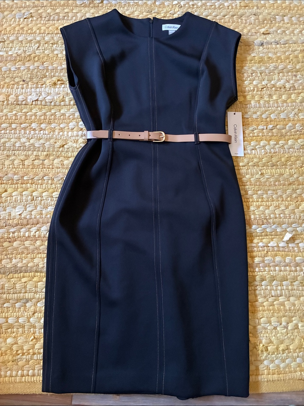 Calvin Klein Black Midi Sheath Dress with Nude Belt